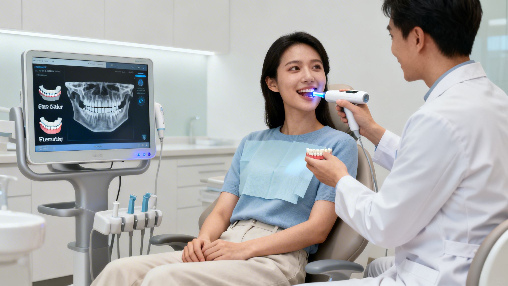Dentist uses a lighted tool and a teeth model during a dental exam for a smiling female patient.