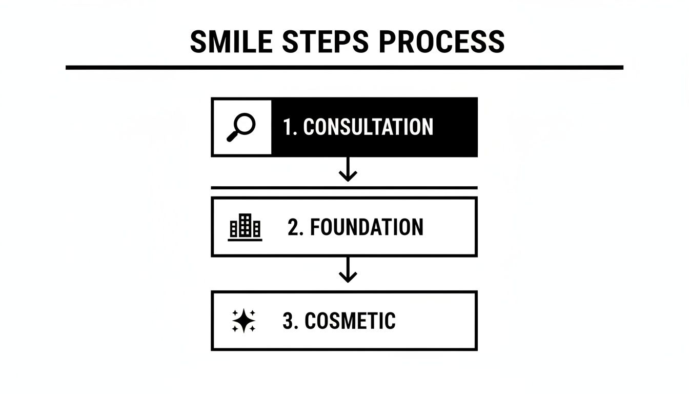 Diagram illustrating the 'Smile Steps Process' from consultation to foundation and cosmetic treatment.