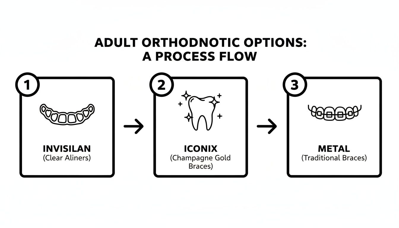 Process flow diagram showing adult orthodontic options: Invisilan clear aligners, Iconix champagne gold braces, and traditional metal braces.