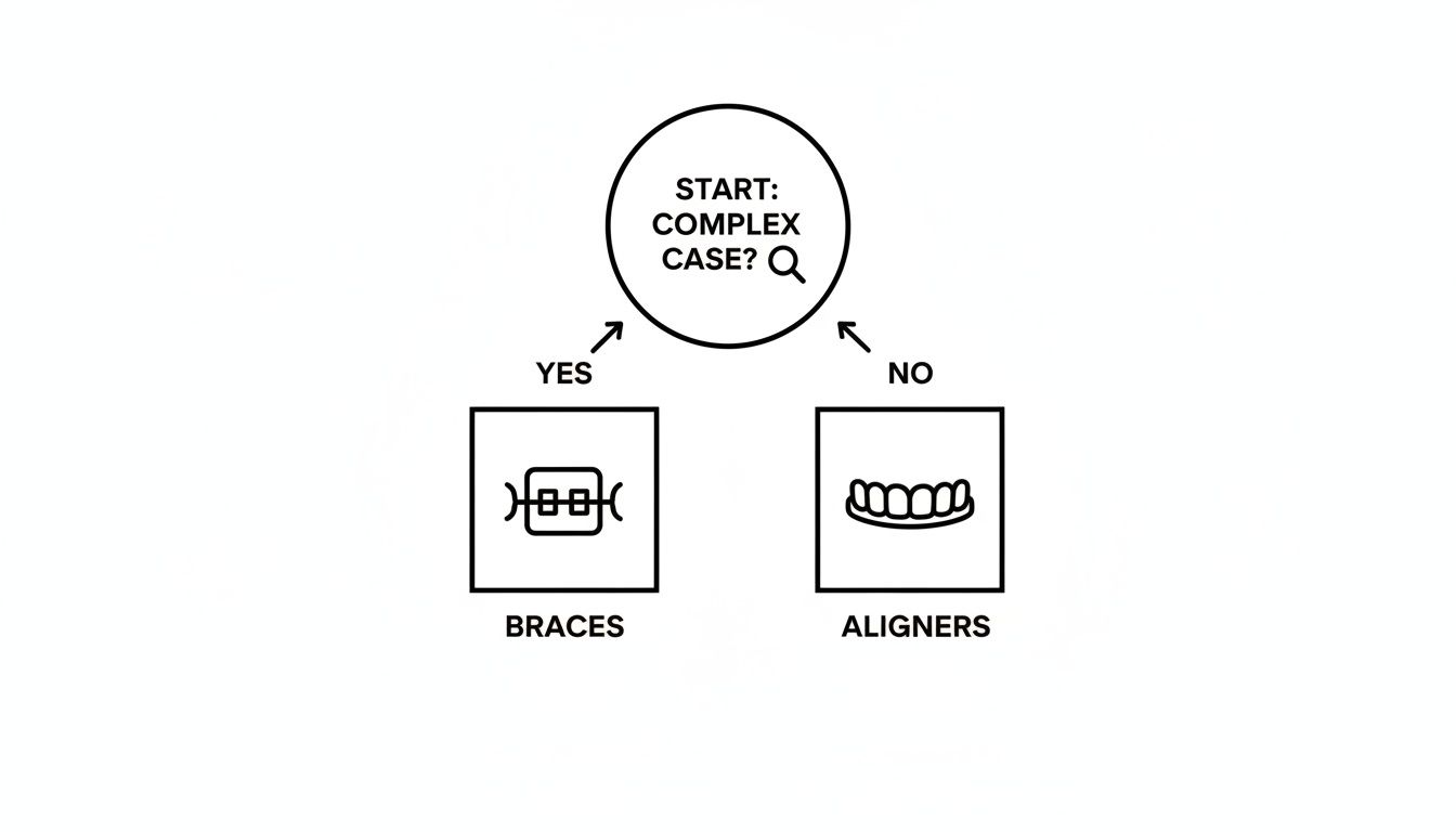 Flowchart guiding orthodontic treatment choice: complex cases lead to braces, while simpler ones suggest aligners.
