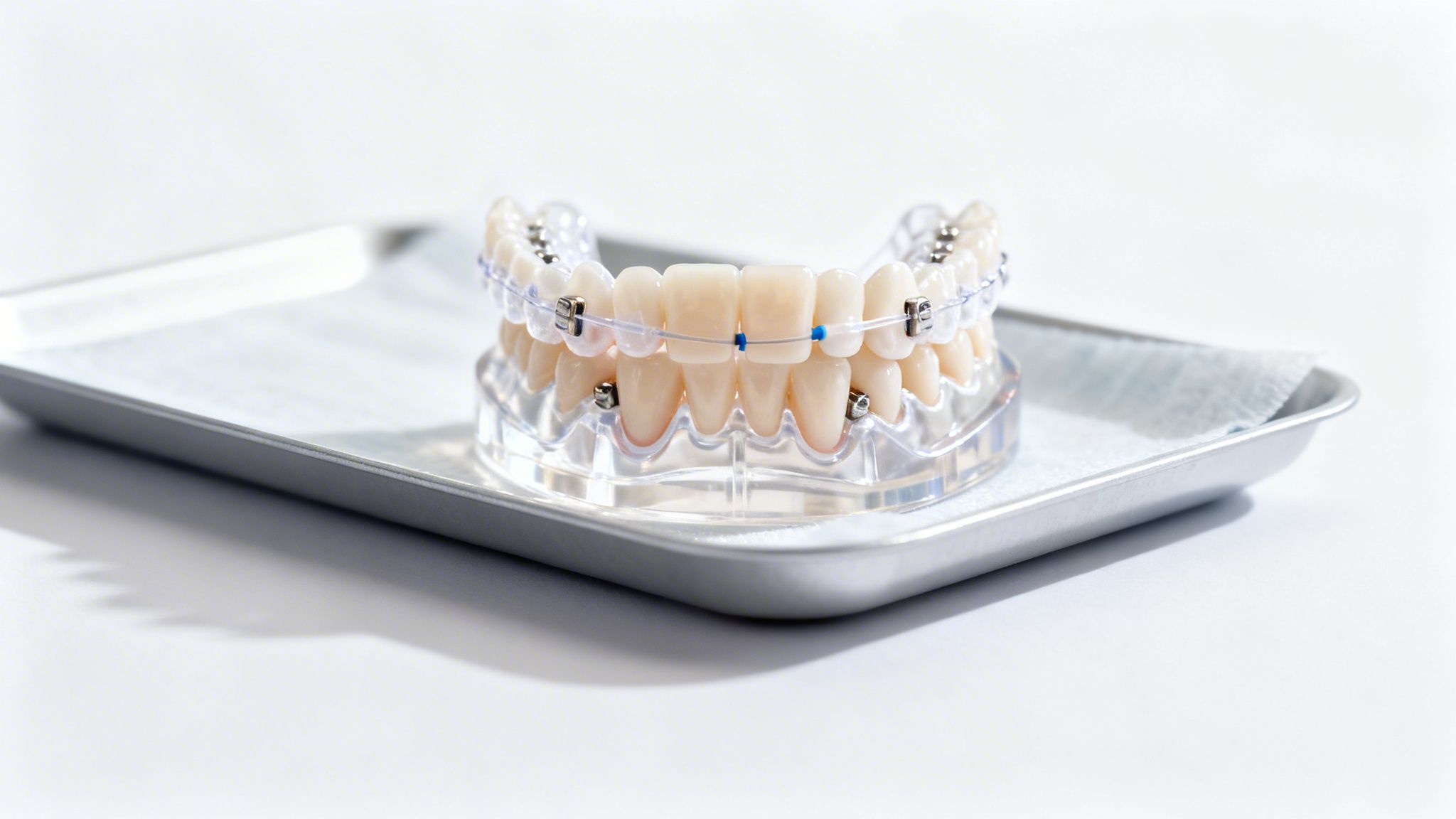 A close-up of a dental model displaying clear traditional braces with a blue wire on a tray.