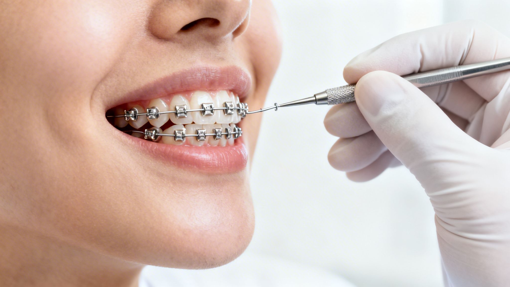 Close-up of a person with dental braces, getting an adjustment from a gloved hand using a dental tool.