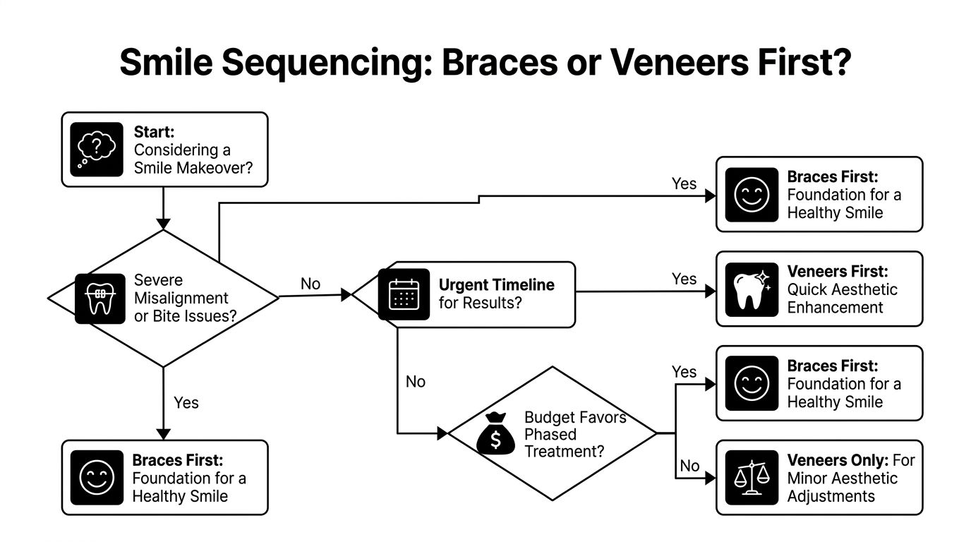 A flow chart titled Smile Sequencing helping patients decide between getting braces or veneers first.