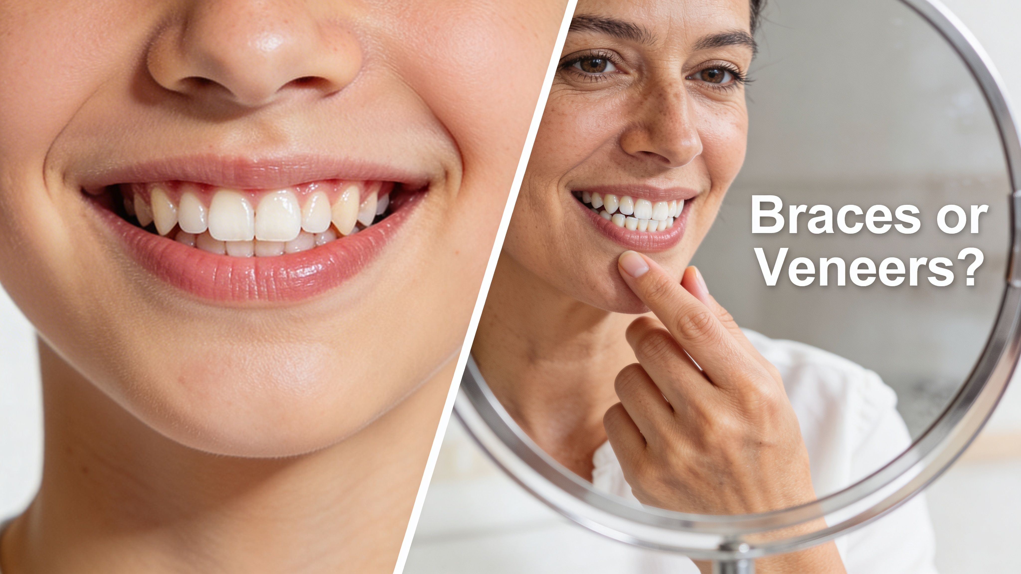 A split screen comparing a close-up of a youthful smile and a woman examining her teeth in a mirror.
