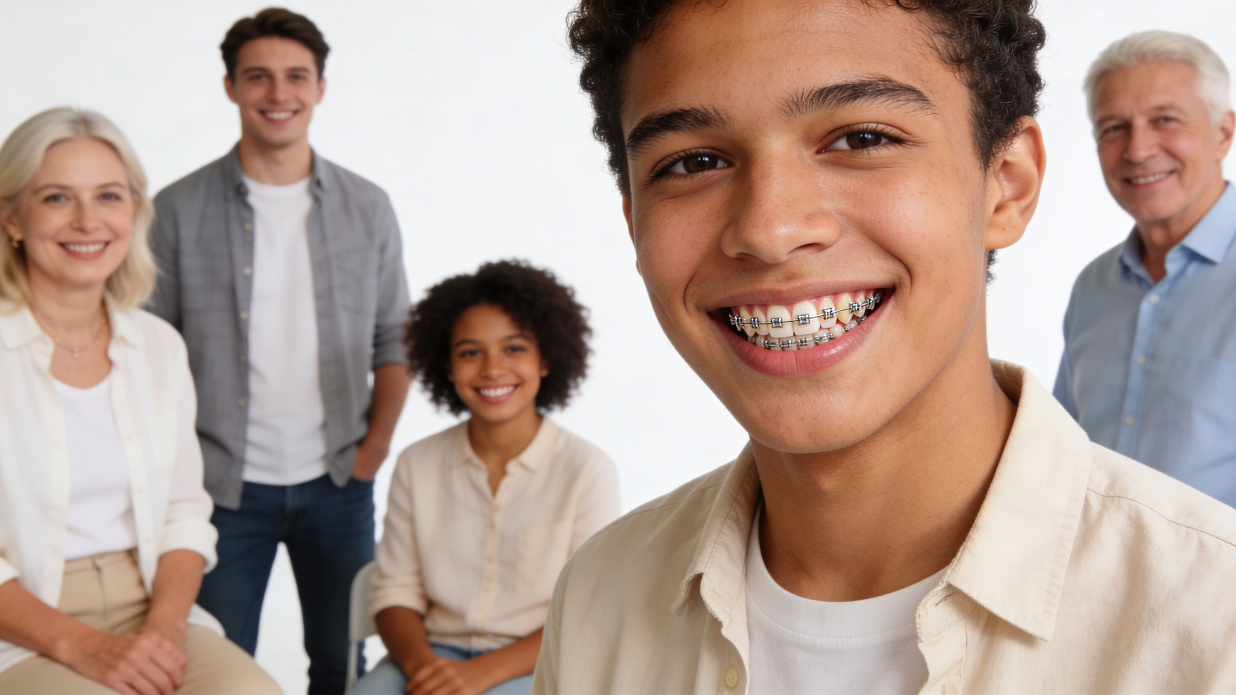 A diverse family group including a smiling teenager with braces, two parents, and grandparents smiling together.
