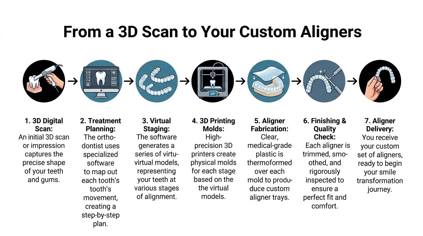 A seven-step infographic showing the process of creating custom clear dental aligners from 3D scans.