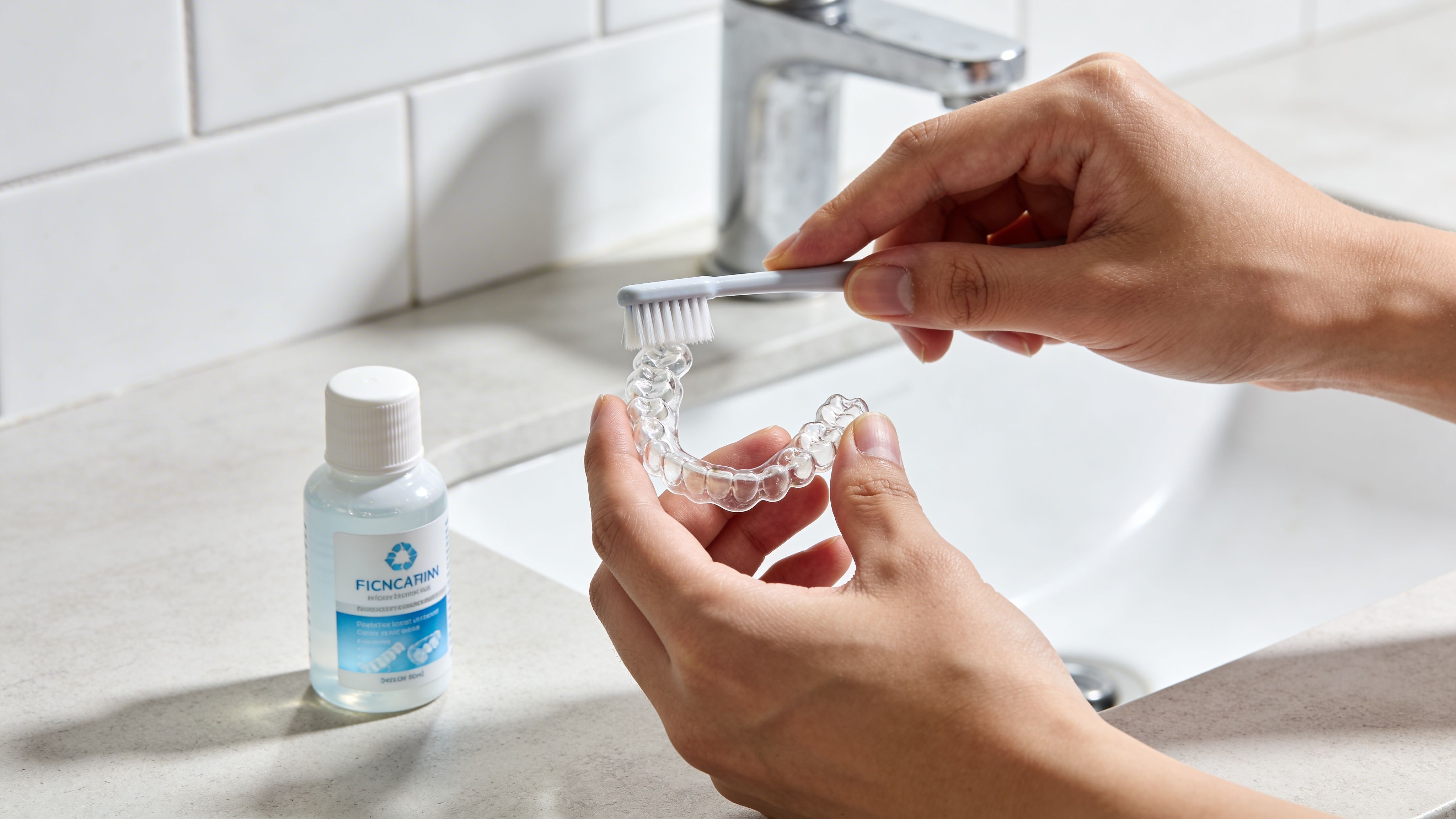 A person cleaning clear dental aligners with a small toothbrush and cleaning solution in a bathroom sink area.