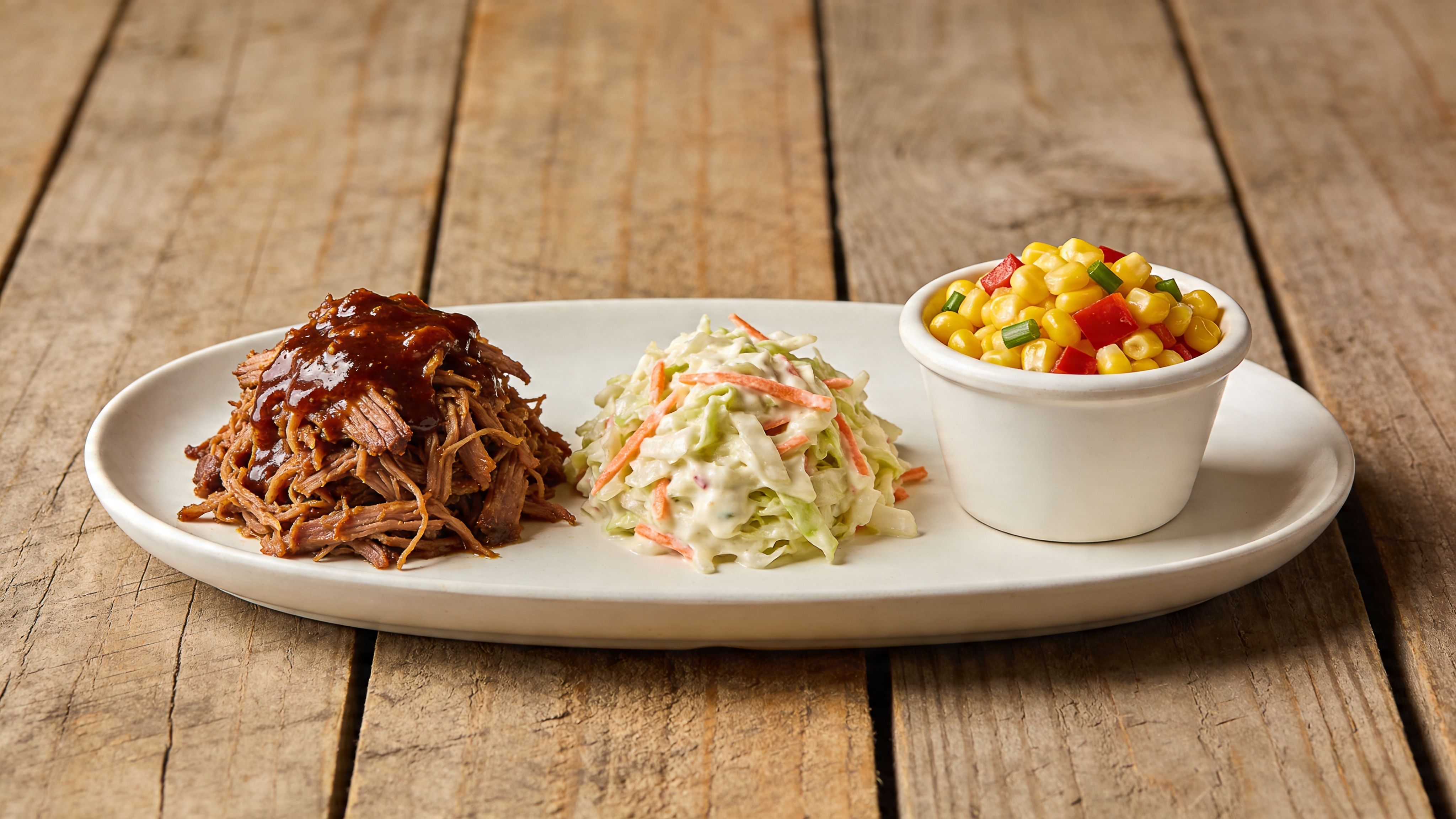 A serving of pulled pork with coleslaw and corn salad on a white oval plate.