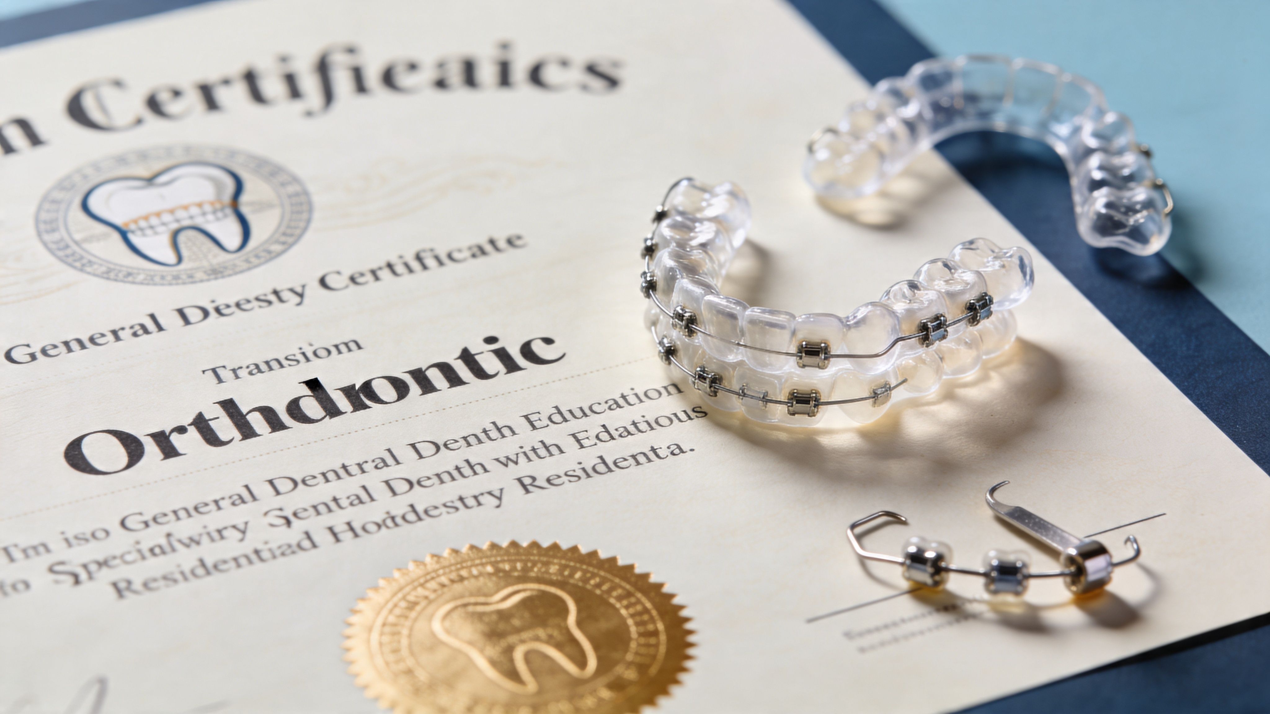 A certificate with orthodontic dental braces and a retainer resting on top of the document.