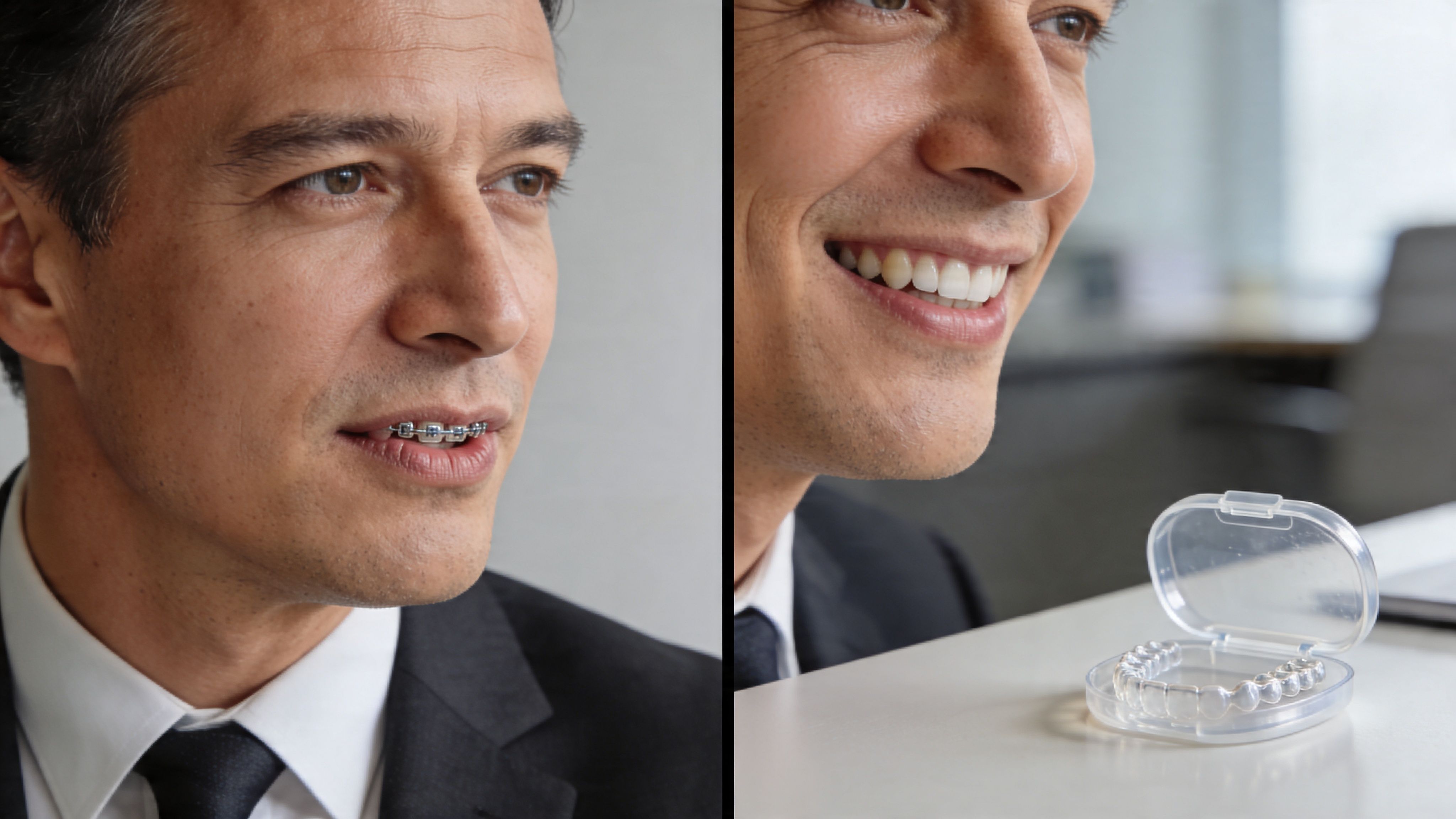 A split-screen comparison showing a man with metal braces and the same man smiling with clear aligners.