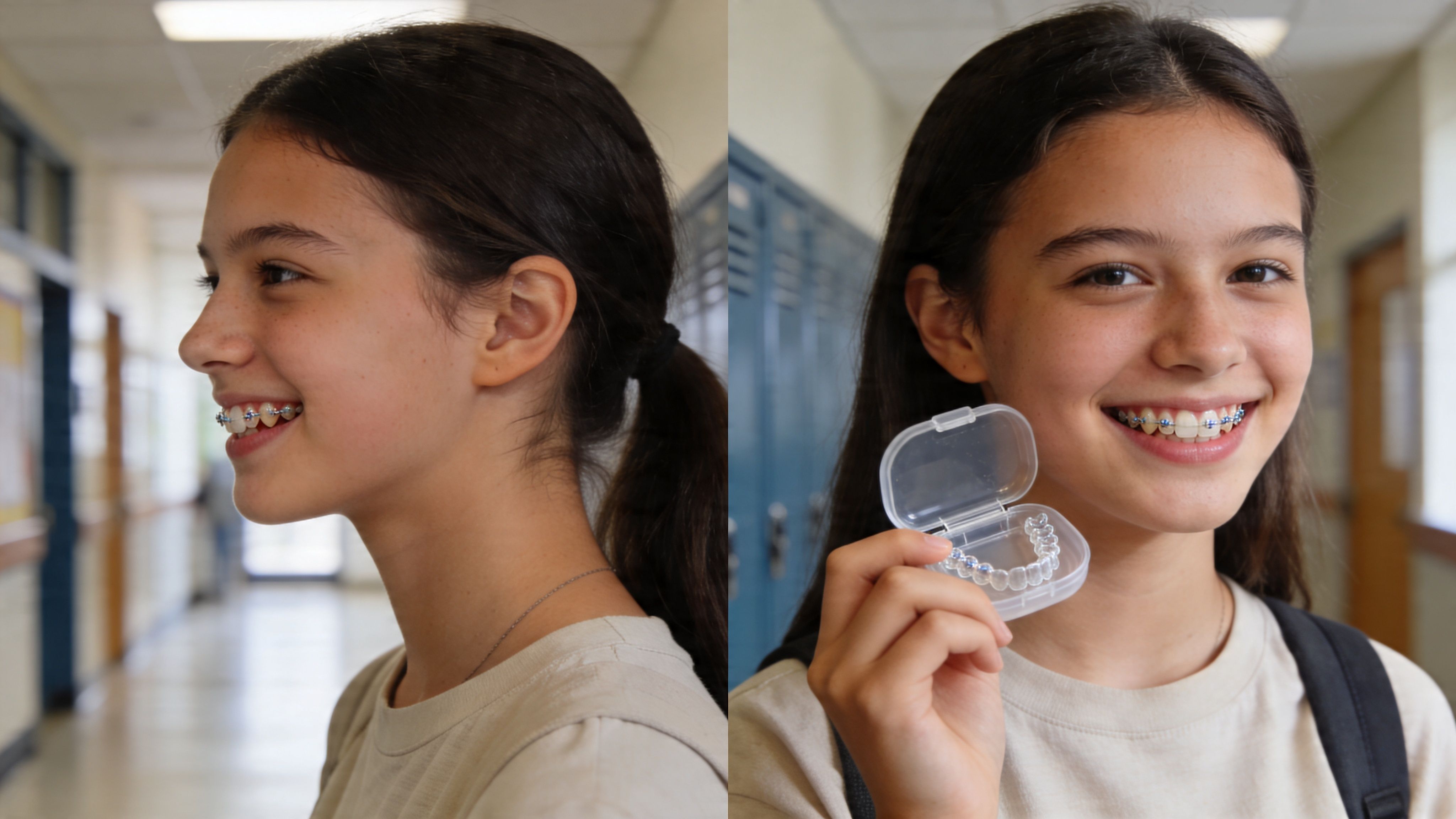 A teenage girl smiling in a school hallway showcasing her teeth with braces and clear aligner trays.