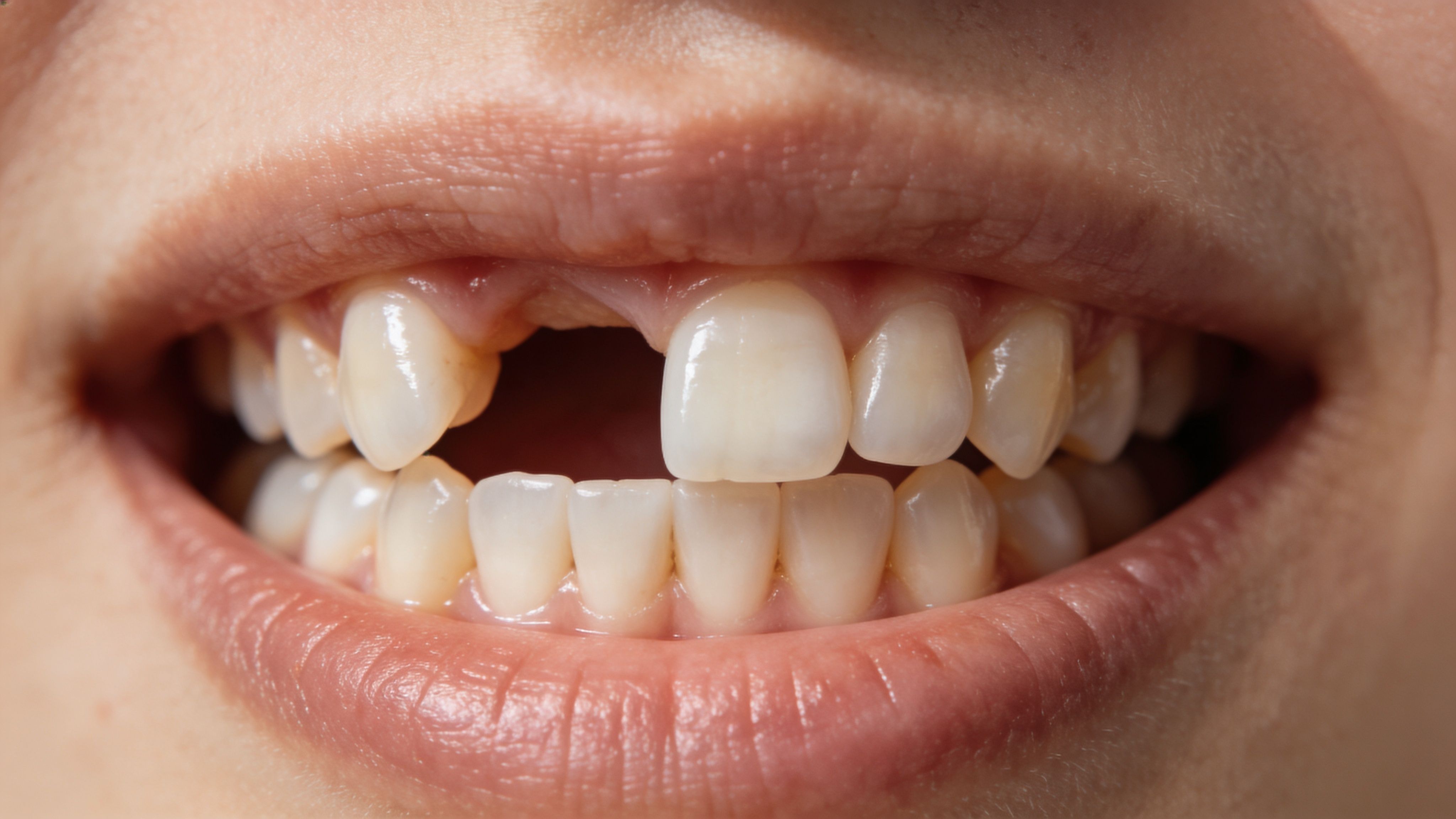 A close-up view of a person's smile showing a missing upper central incisor tooth space.