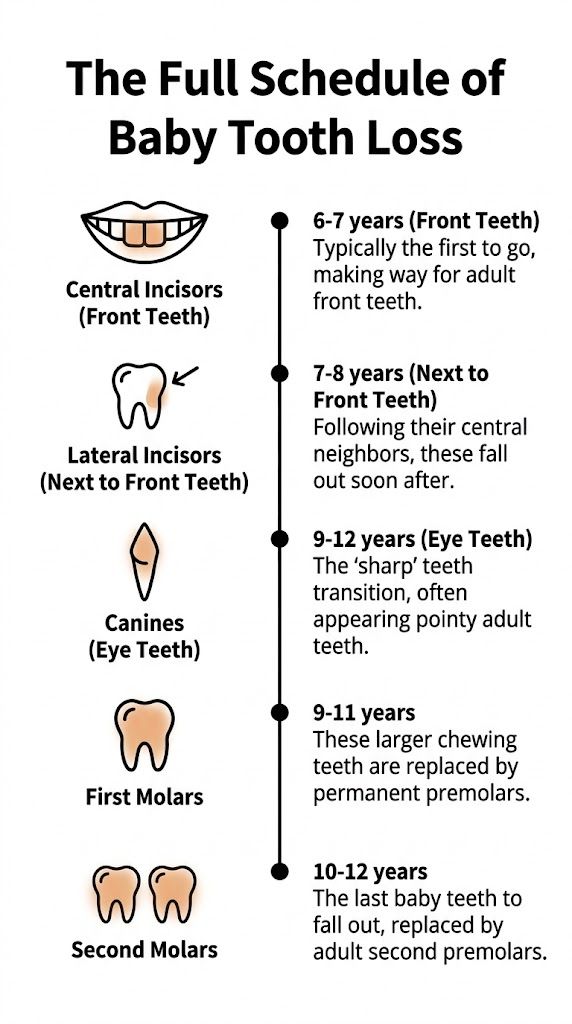 A chart showing the age range for when children typically lose their various baby teeth.