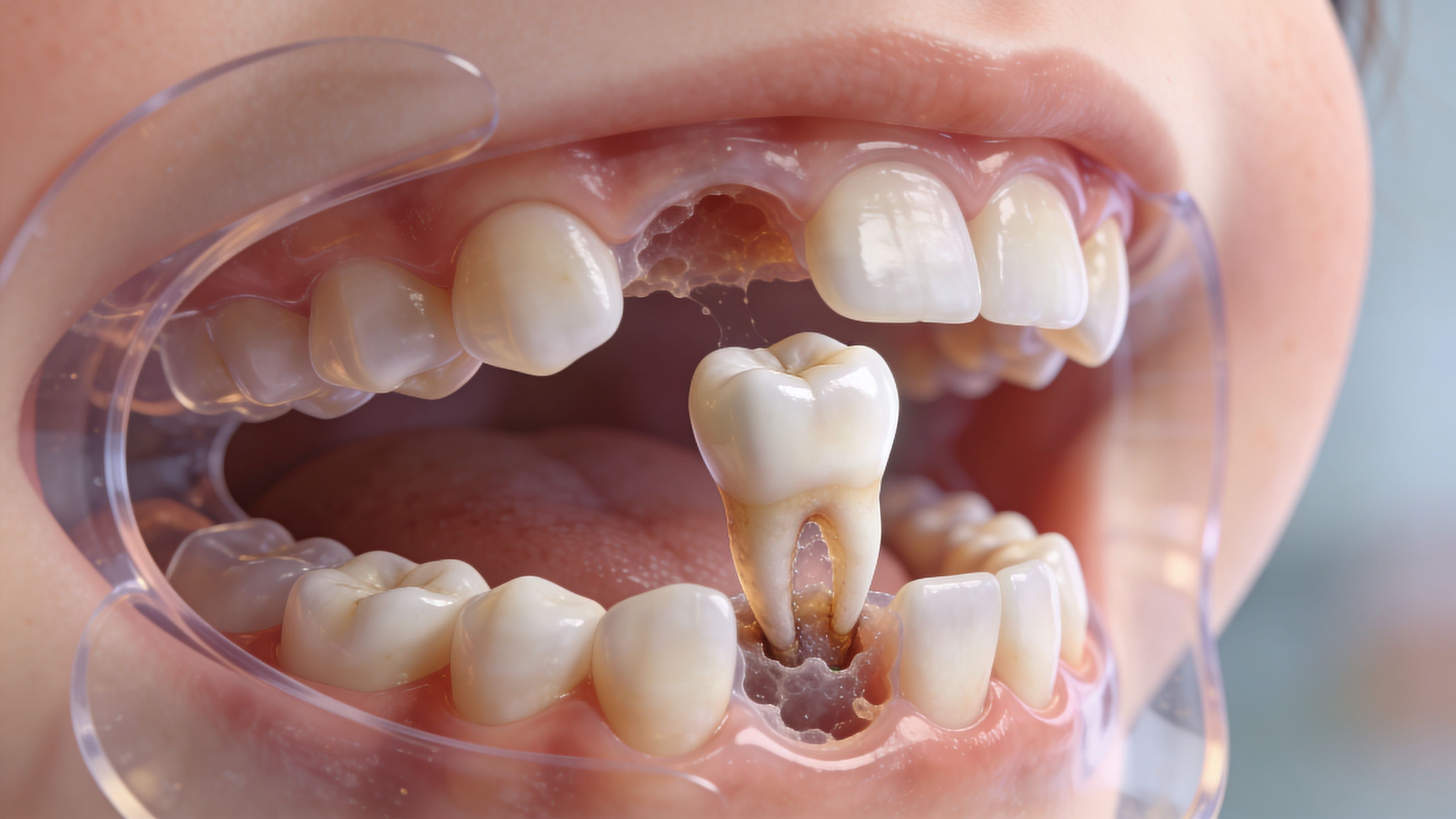 A close-up view of an extracted tooth held in position within a person's mouth using a retractor.