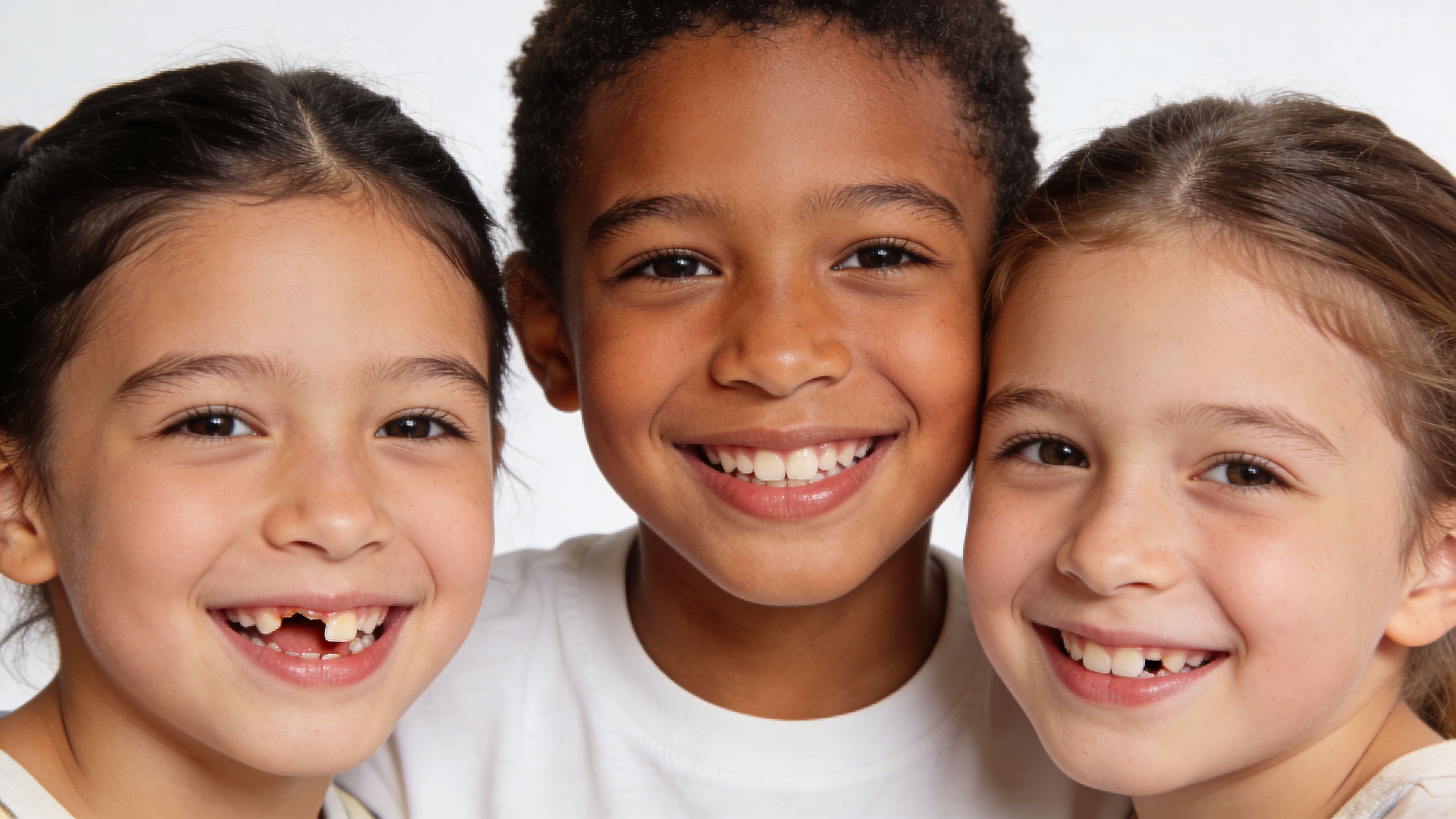 A happy group of three diverse children smiling and showing their missing baby teeth.