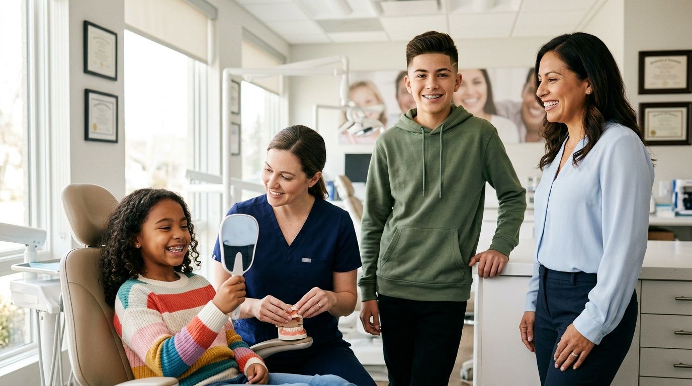 A friendly orthodontist showing a young girl her smile in a mirror during a dental consultation appointment.
