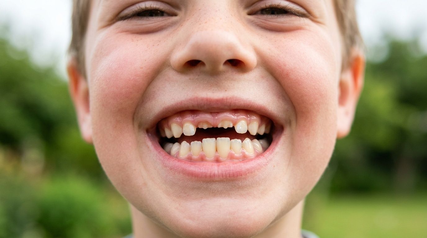 A close-up shot of a young boy smiling broadly with missing upper front baby teeth.