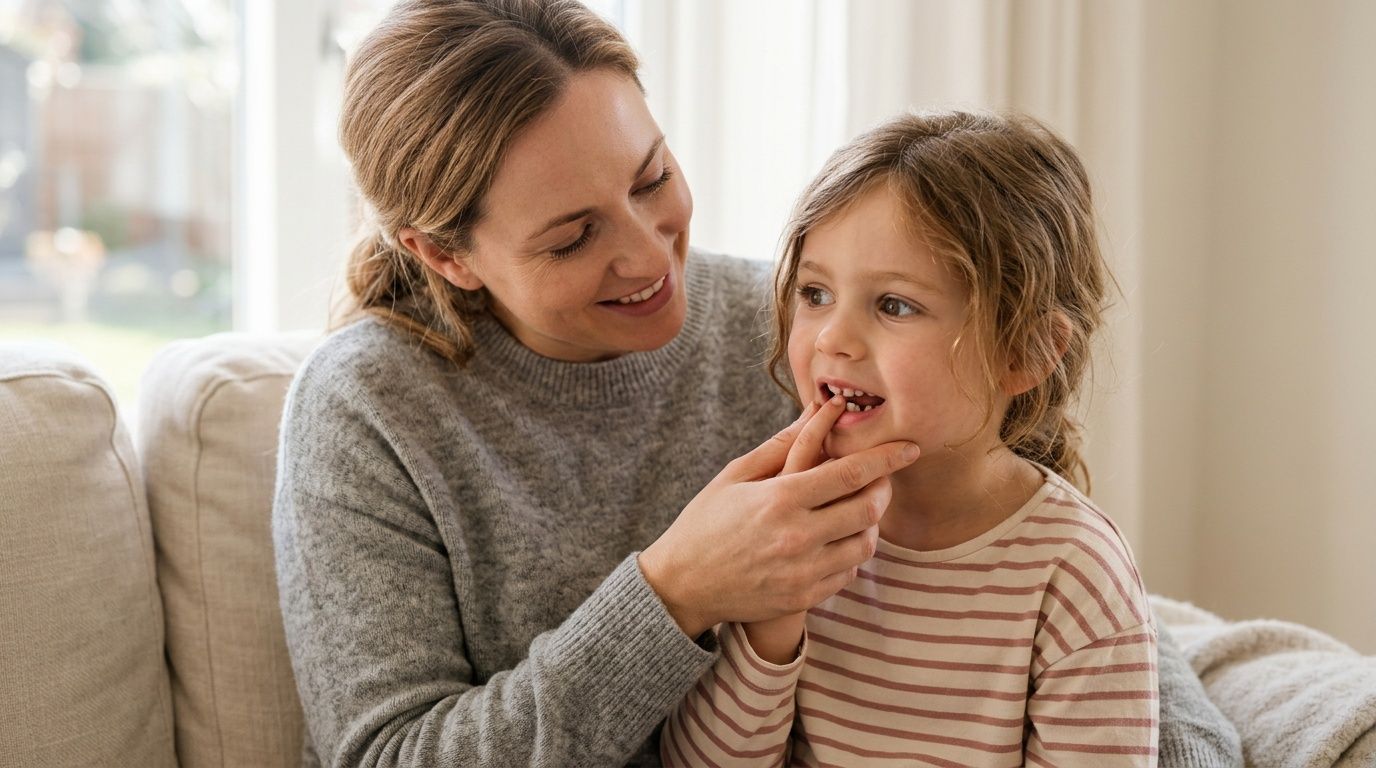 A caring mother checks her young daughter's loose milk tooth while sitting together on a couch.
