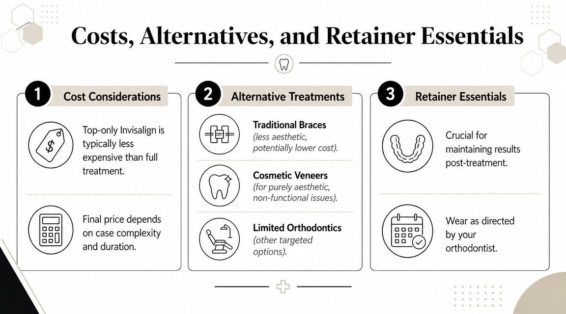 An infographic titled Costs, Alternatives, and Retainers explaining Invisalign treatments, alternative options, and retainer care instructions.