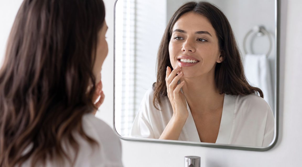 A woman checking her teeth in the mirror while considering orthodontic treatment options like Invisalign.