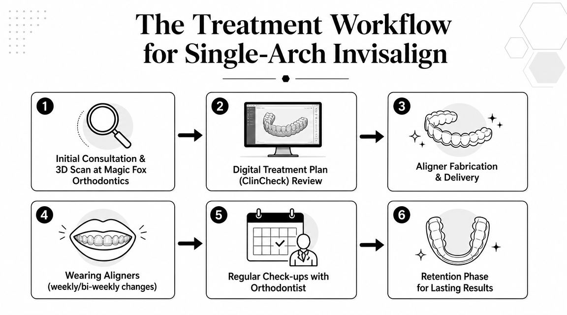A flowchart infographic outlining the six steps of the single-arch Invisalign orthodontic treatment process at Magic Fox.
