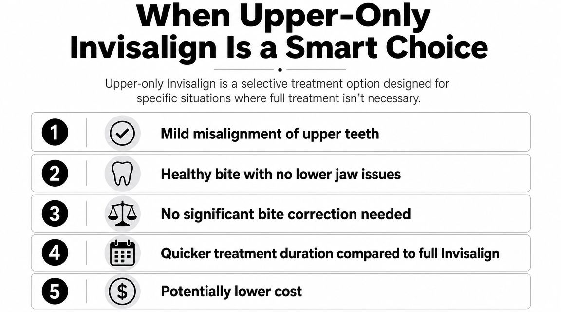 A list of five reasons when choosing upper-only Invisalign is a smart treatment option for teeth alignment.