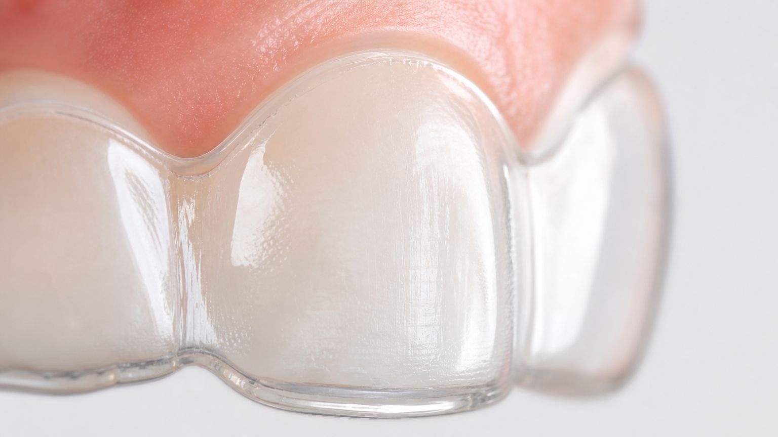 A close-up view of a clear Invisalign aligner tray fitted snugly over human teeth and gums.