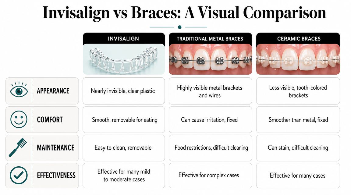 A comparison chart showing features of Invisalign, traditional metal braces, and ceramic braces for orthodontic treatment.
