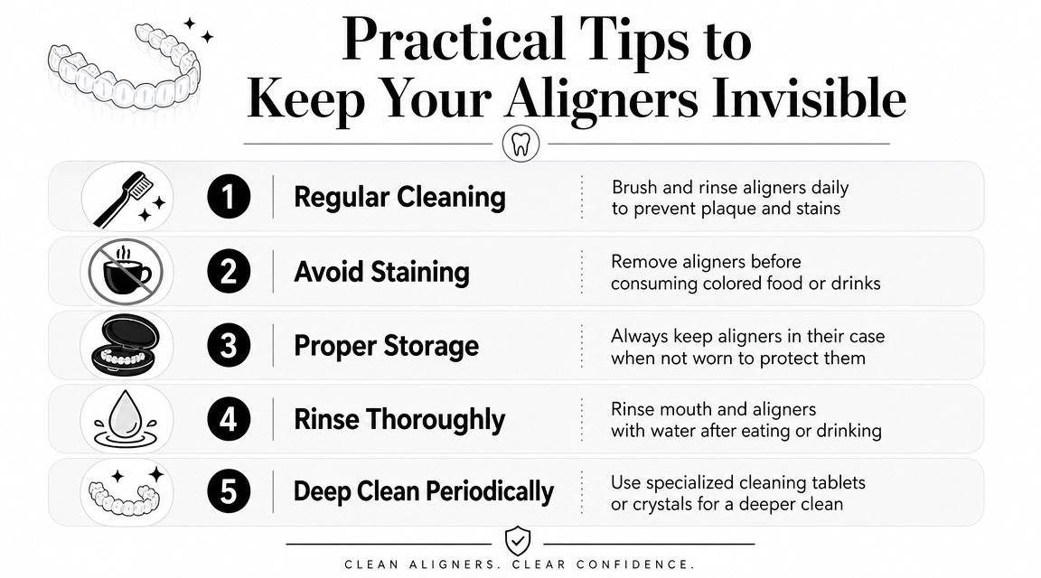 A helpful infographic showing five practical tips on how to keep your dental aligners clean and invisible.