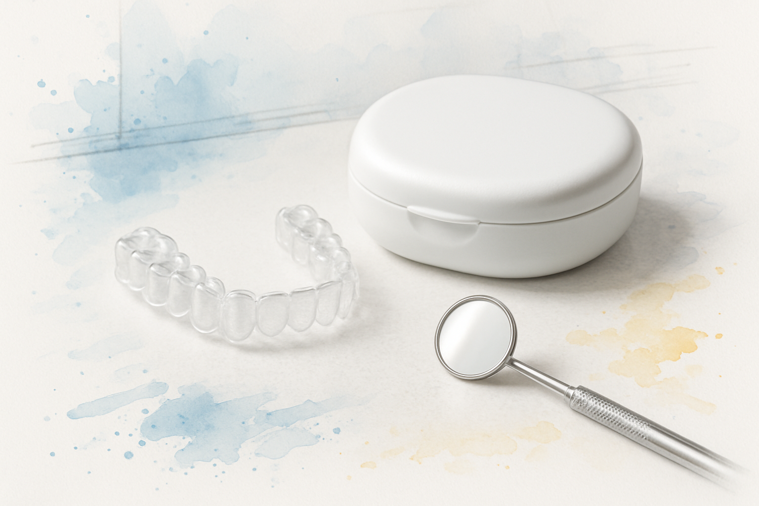 A clear aligner tray and retainer case on a white countertop, representing focused touch-up orthodontic treatment.