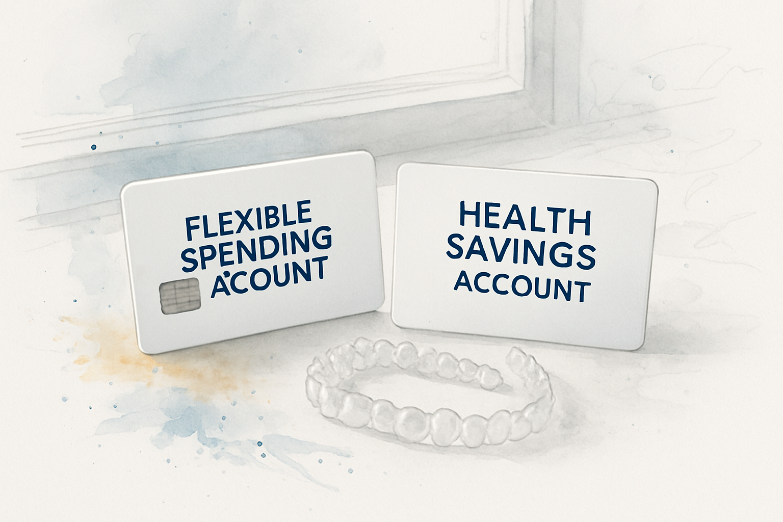 FSA and HSA cards beside a clear Invisalign aligner tray on a countertop