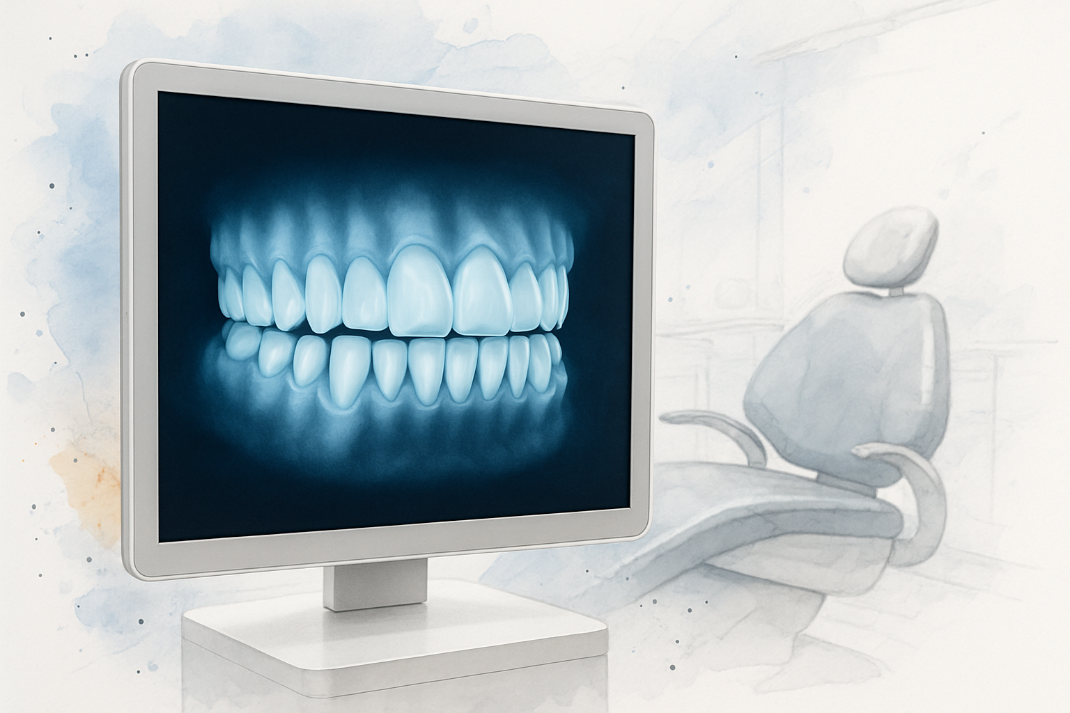 Digital 3D tooth scan displayed on a monitor during a first orthodontic consultation in Huntington Beach
