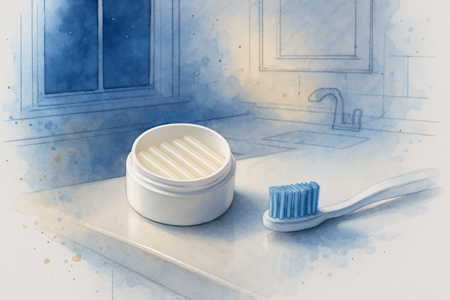 Orthodontic wax and toothbrush on a bathroom counter at night, tools for managing after-hours orthodontic issues at home.