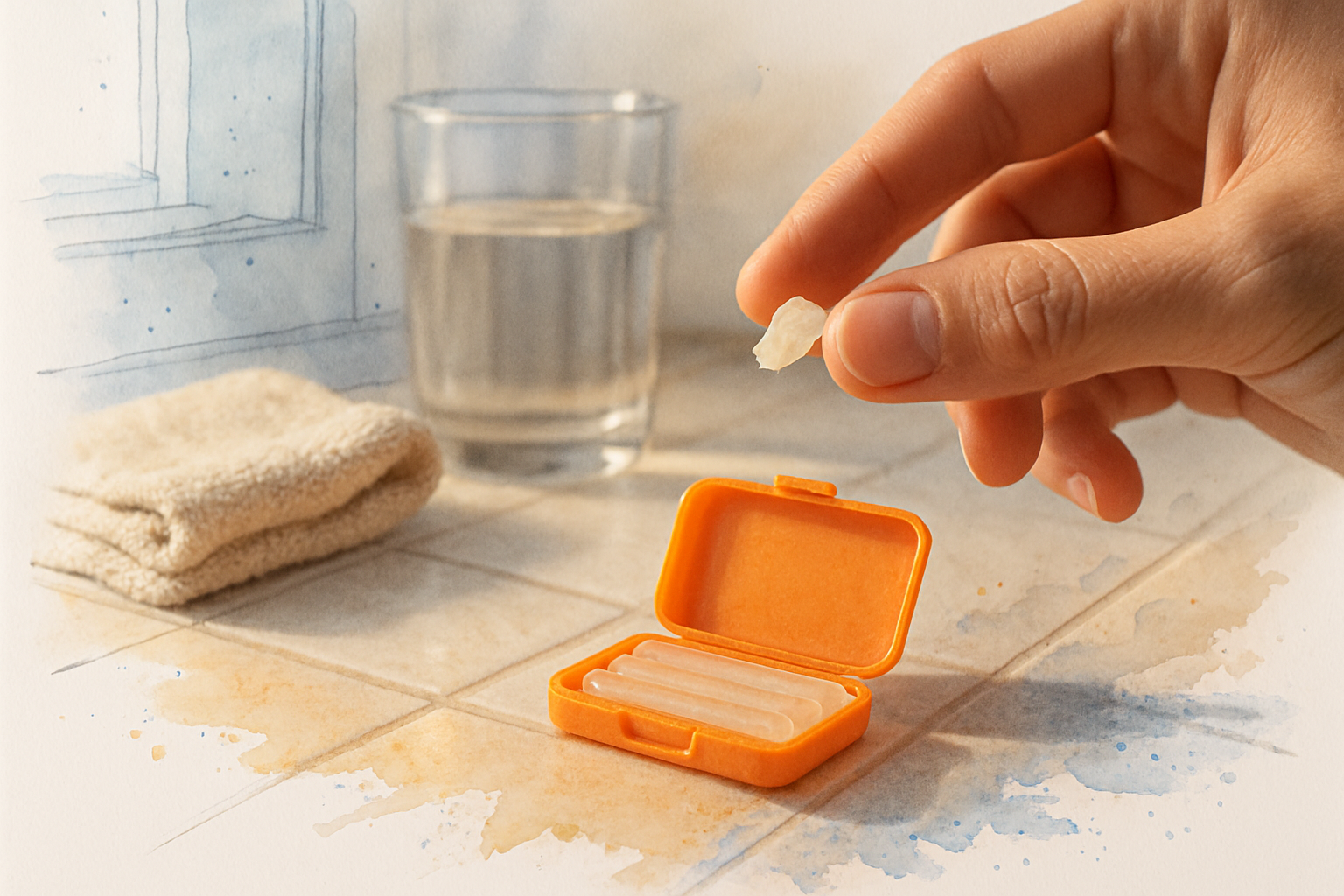 Close-up of orthodontic wax being rolled between fingertips on a bathroom counter beside a glass of water
