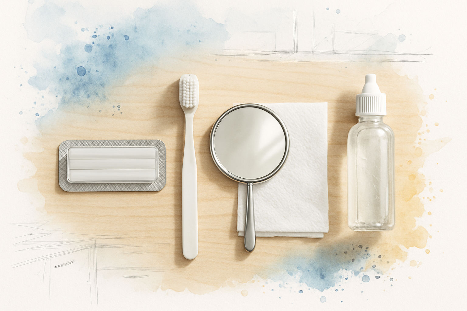 Orthodontic care kit with wax, toothbrush, hand mirror and saline rinse laid out on a kitchen table