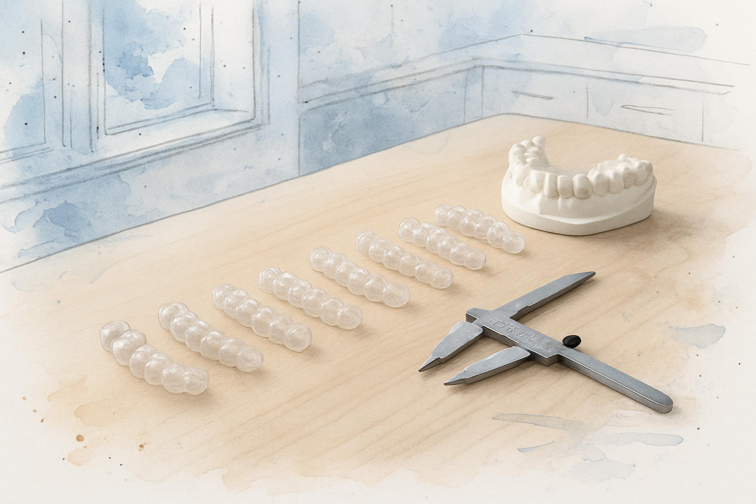 Clear aligner trays lined up in sequence beside a 3D printed dental model on a bright office counter