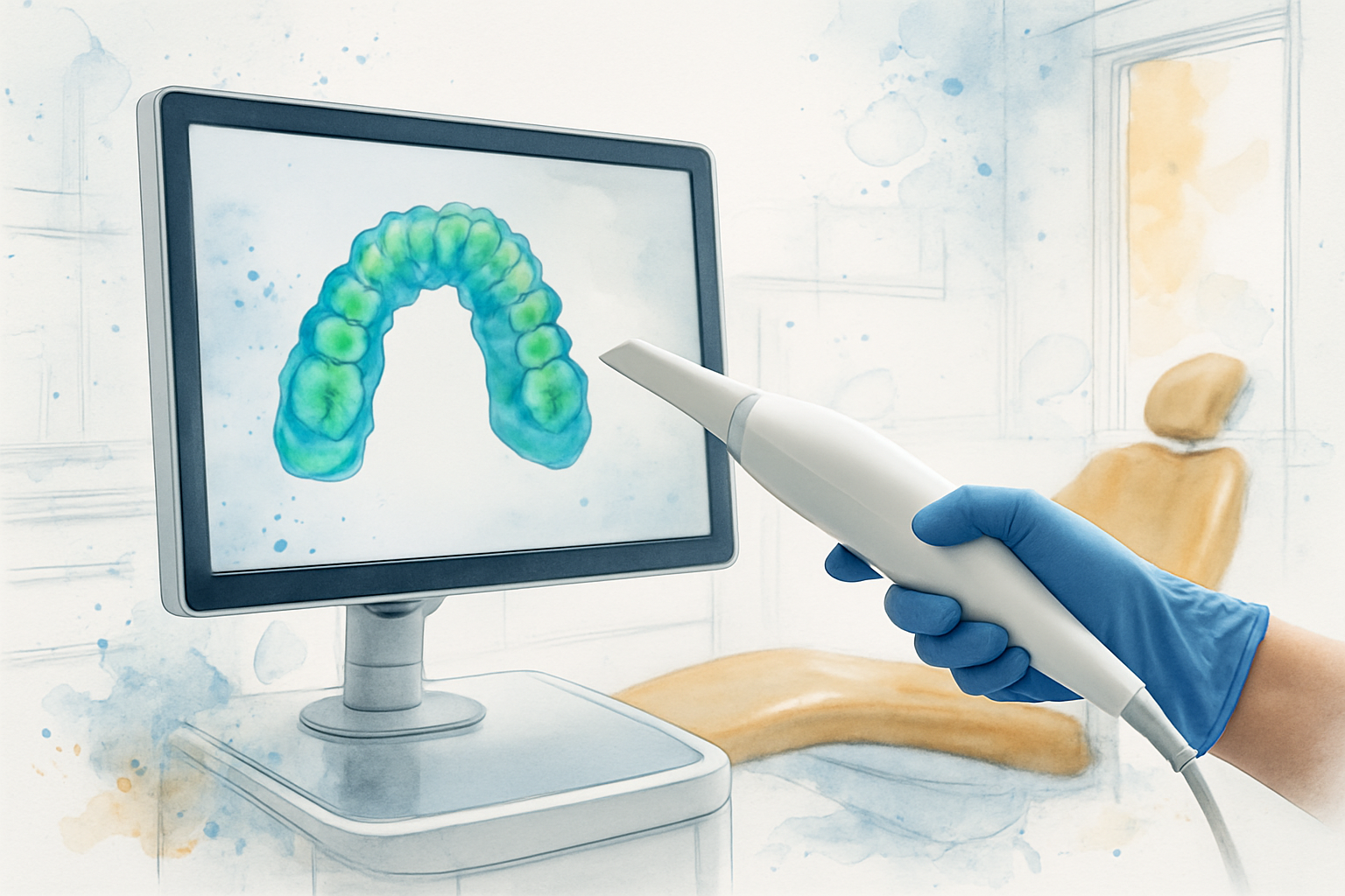 Clinician holding an intraoral scanner wand next to a monitor showing a 3D digital model of a patient's bite