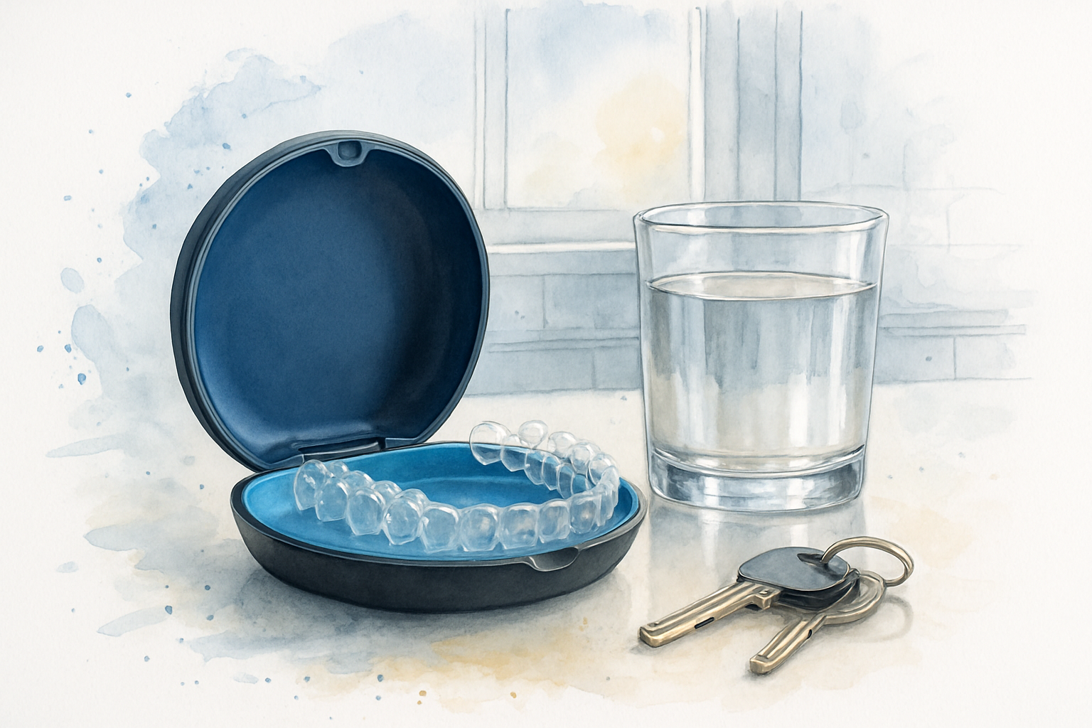 Clear aligner tray in an open case on a kitchen counter beside a glass of water in morning light