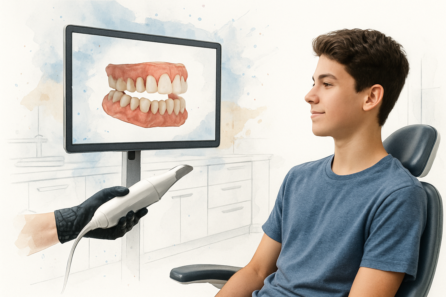 Teen viewing a 3D digital scan of their teeth on a chairside monitor during an orthodontic consultation
