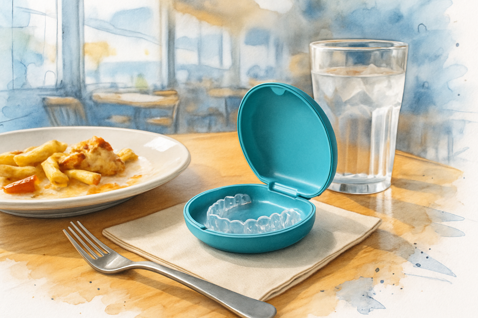Clear aligner tray in an open storage case on a restaurant table beside a half-eaten lunch