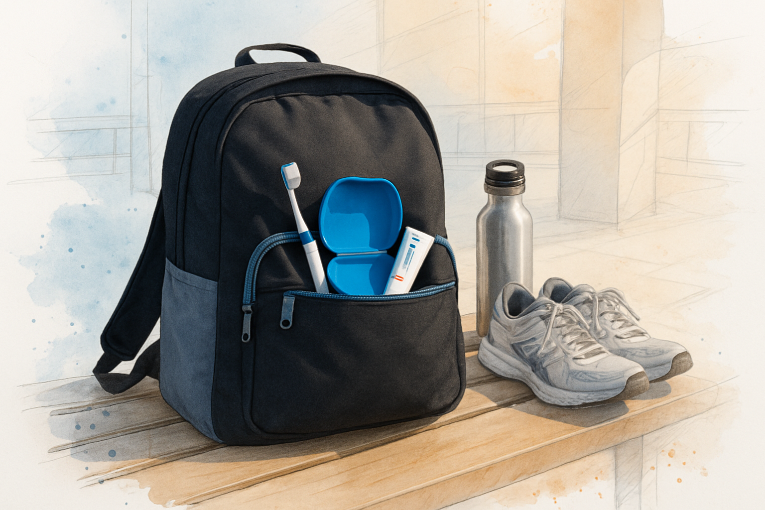 Backpack front pocket holding an aligner case, toothbrush, and travel toothpaste on a school bench