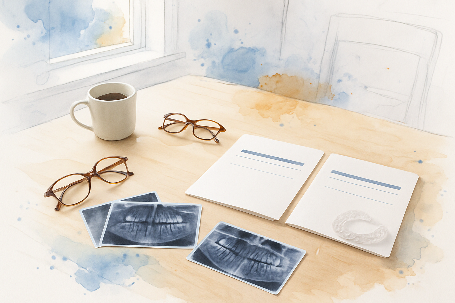 Two orthodontic treatment plans compared side by side on a kitchen table with X-rays and a clear aligner tray