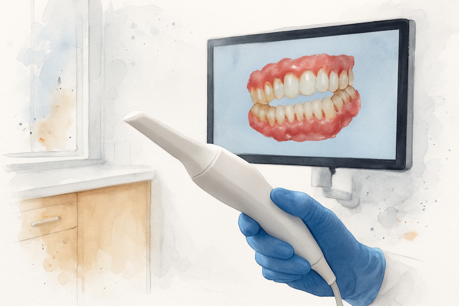 Digital intraoral scanner creating a 3D model of teeth on a monitor during an orthodontic evaluation