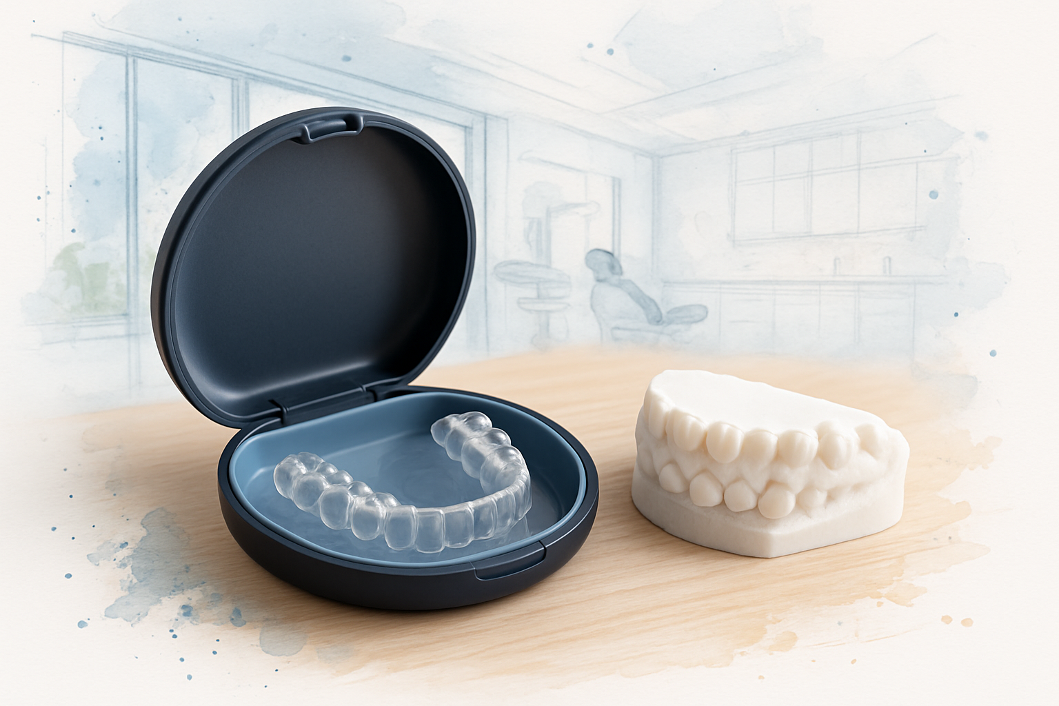 Small child-sized clear aligner tray beside a 3D model of a mixed baby and adult tooth arch