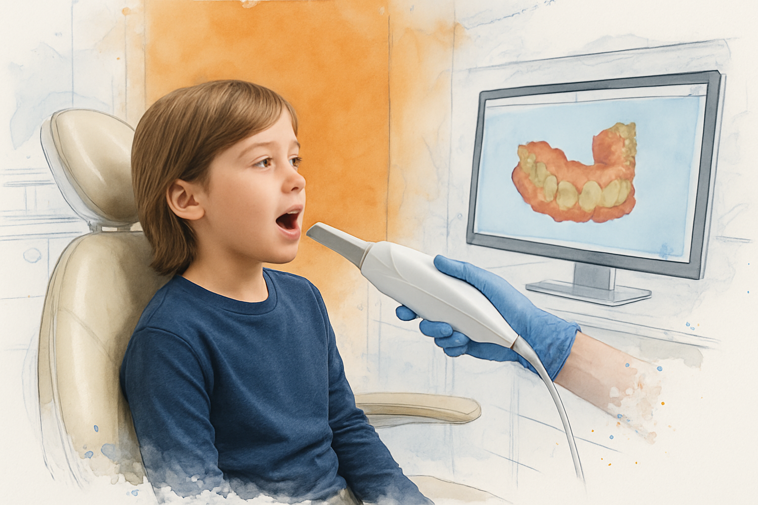 Young child having a digital scan of their teeth taken during a Phase 1 orthodontic evaluation