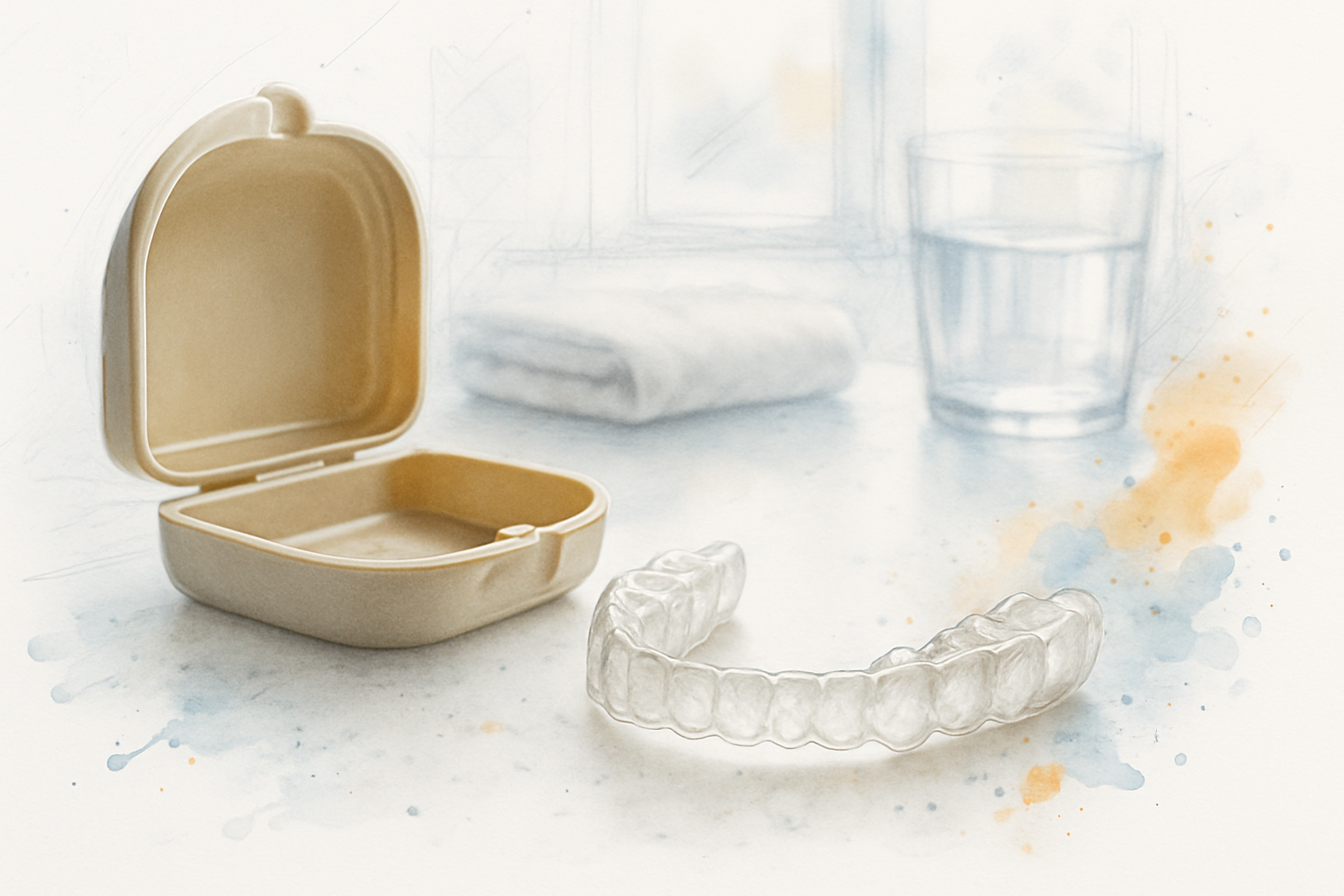 Old clear retainer resting on a bathroom counter beside its case, unused for years