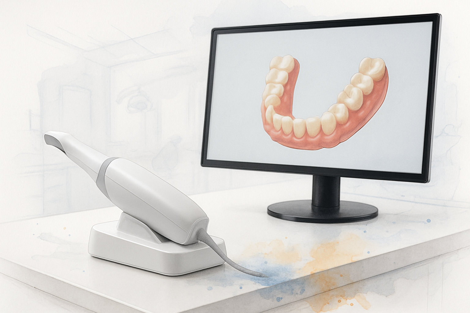 Digital intraoral scanner and 3D model of a lower dental arch on a monitor in a treatment room