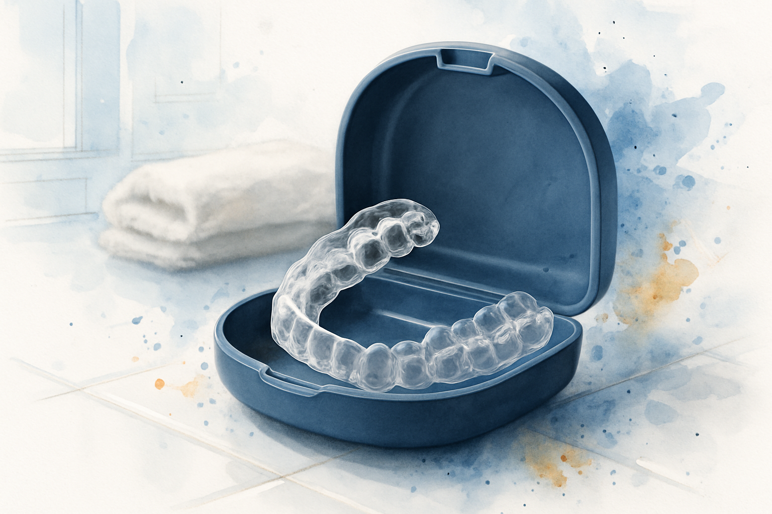 Clear orthodontic retainer with a warped edge sitting in an open case on a bathroom counter