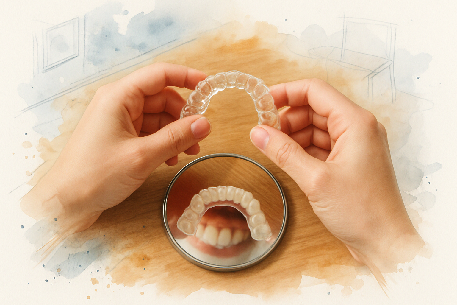 Hands holding a clear retainer above a mirror showing teeth that no longer match the retainer impressions
