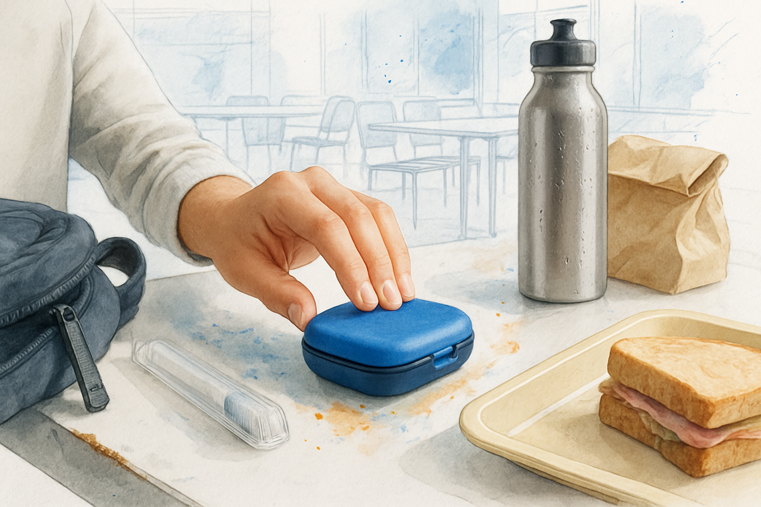 Teen snapping a clear aligner case shut at a cafeteria table beside a water bottle and travel toothbrush